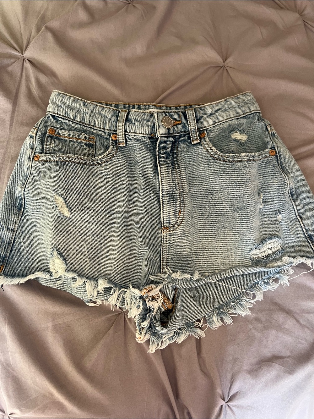 High-Rise Distressed Denim Shorts - Light Blue